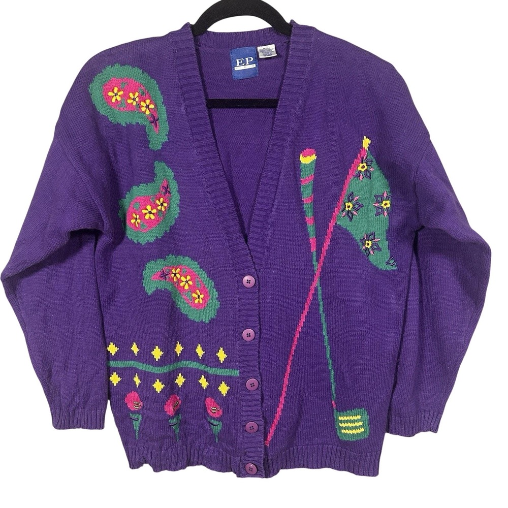 Vintage EP Pro Golf Cardigan Sweater Women M‎ Purple Paisley Clubs 80s 90s HK